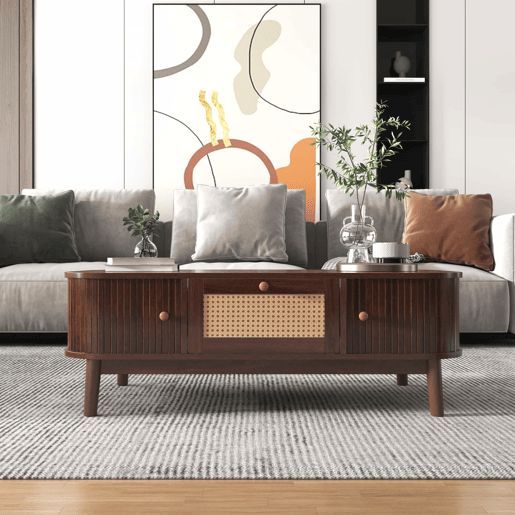 Mesa de centro - Rattan, com gavetas e portas deslizantes em madeira maciça, pernas em madeira maciça, estilo rústico natural