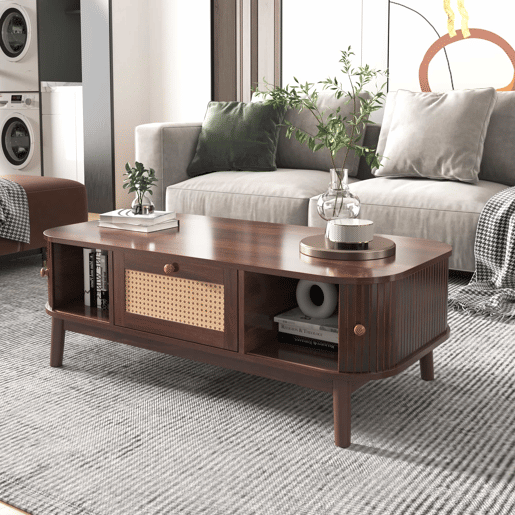 Mesa de centro - Rattan, com gavetas e portas deslizantes em madeira maciça, pernas em madeira maciça, estilo rústico natural