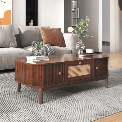 Mesa de centro - Rattan, com gavetas e portas deslizantes em madeira maciça, pernas em madeira maciça, estilo rústico natural