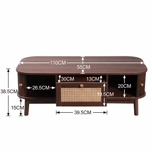 Mesa de centro - Rattan, com gavetas e portas deslizantes em madeira maciça, pernas em madeira maciça, estilo rústico natural