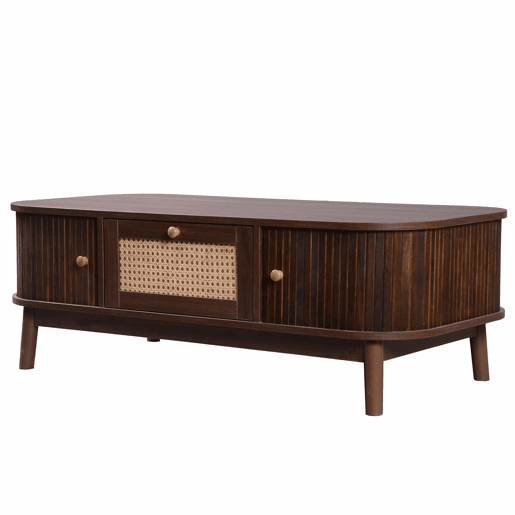Mesa de centro - Rattan, com gavetas e portas deslizantes em madeira maciça, pernas em madeira maciça, estilo rústico natural