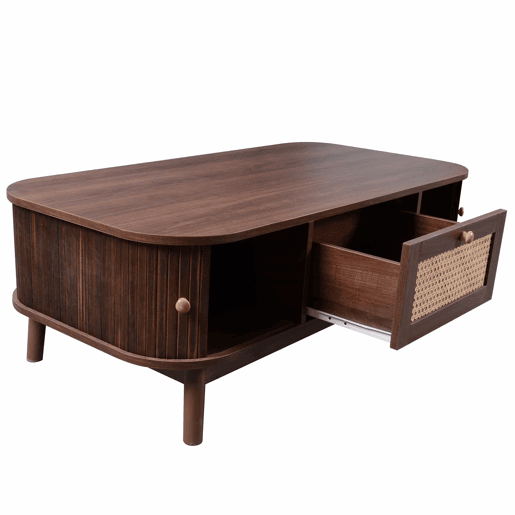 Mesa de centro - Rattan, com gavetas e portas deslizantes em madeira maciça, pernas em madeira maciça, estilo rústico natural
