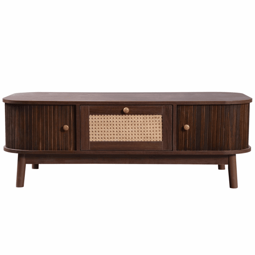 Mesa de centro - Rattan, com gavetas e portas deslizantes em madeira maciça, pernas em madeira maciça, estilo rústico natural