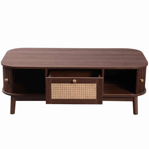 Mesa de centro - Rattan, com gavetas e portas deslizantes em madeira maciça, pernas em madeira maciça, estilo rústico natural