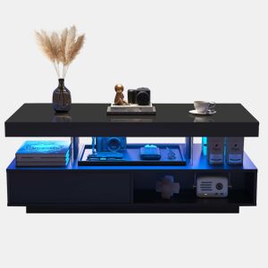 Mesa de centro com LED - gaveta e compartimentos abertos - Preto