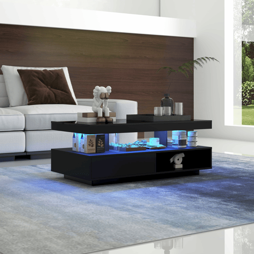 Mesa de centro com LED - gaveta e compartimentos abertos - Preto