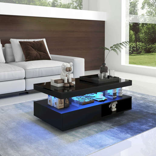 Mesa de centro com LED - gaveta e compartimentos abertos - Preto