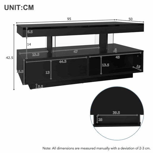 Mesa de centro com LED - gaveta e compartimentos abertos - Preto