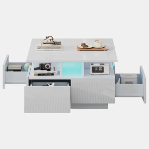 Mesa de centro 70x70x40 cm - Te Tisch de alto brilho, com luzes LED, mesa de sala com 4 gavetas, design geométrico - Branco
