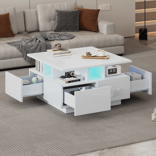Mesa de centro 70x70x40 cm - Te Tisch de alto brilho, com luzes LED, mesa de sala com 4 gavetas, design geométrico - Branco