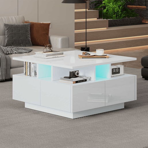 Mesa de centro 70x70x40 cm - Te Tisch de alto brilho, com luzes LED, mesa de sala com 4 gavetas, design geométrico - Branco