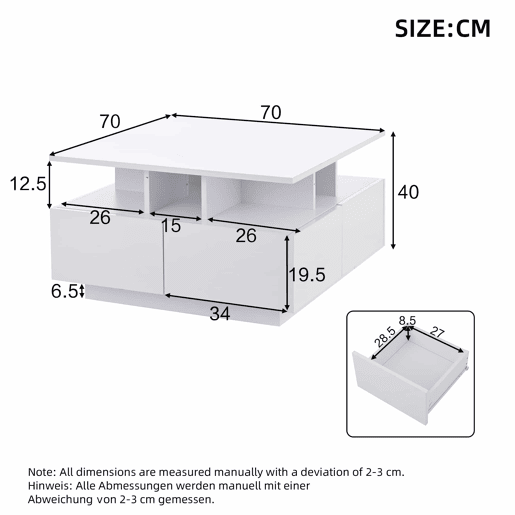 Mesa de centro 70x70x40 cm - Te Tisch de alto brilho, com luzes LED, mesa de sala com 4 gavetas, design geométrico - Branco