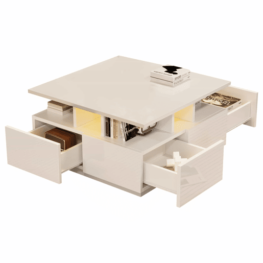 Mesa de centro 70x70x40 cm - Te Tisch de alto brilho, com luzes LED, mesa de sala com 4 gavetas, design geométrico - Branco