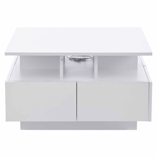 Mesa de centro 70x70x40 cm - Te Tisch de alto brilho, com luzes LED, mesa de sala com 4 gavetas, design geométrico - Branco