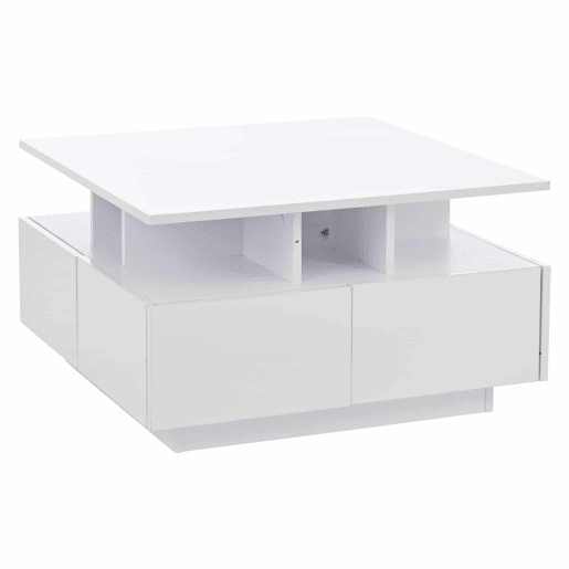 Mesa de centro 70x70x40 cm - Te Tisch de alto brilho, com luzes LED, mesa de sala com 4 gavetas, design geométrico - Branco