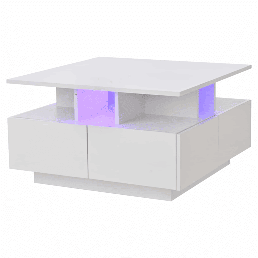 Mesa de centro 70x70x40 cm - Te Tisch de alto brilho, com luzes LED, mesa de sala com 4 gavetas, design geométrico - Branco