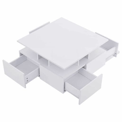 Mesa de centro 70x70x40 cm - Te Tisch de alto brilho, com luzes LED, mesa de sala com 4 gavetas, design geométrico - Branco