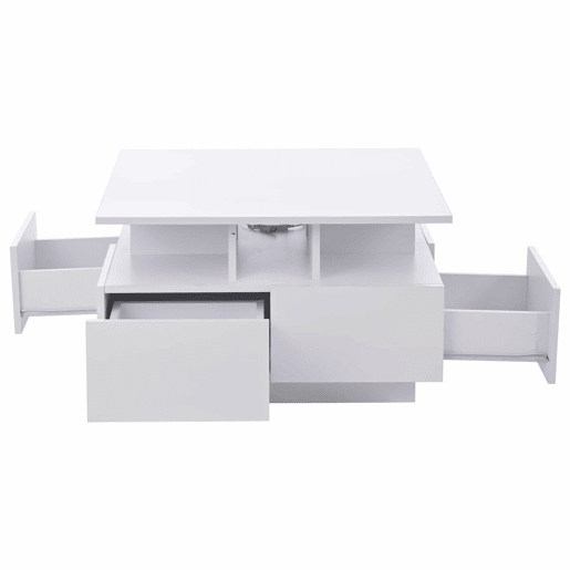 Mesa de centro 70x70x40 cm - Te Tisch de alto brilho, com luzes LED, mesa de sala com 4 gavetas, design geométrico - Branco