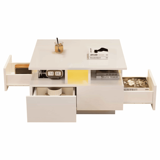 Mesa de centro 70x70x40 cm - Te Tisch de alto brilho, com luzes LED, mesa de sala com 4 gavetas, design geométrico - Branco