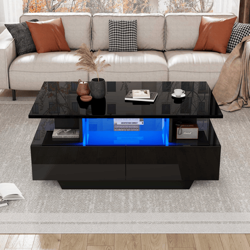 Mesa de centro moderna 90x55x41 cm - com LED, 2 gavetas, design elegante - Preto