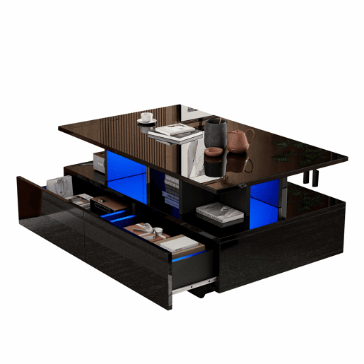 Mesa de centro moderna 90x55x41 cm - com LED, 2 gavetas, design elegante - Preto