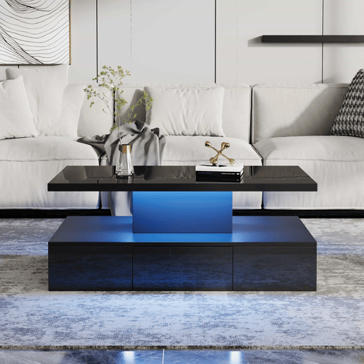 Mesa de centro LED com 2 níveis - Mesa de sala com luz LED de 16 cores, prateleira de exposição e gaveta deslizante - Preto