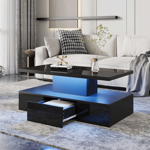 Mesa de centro LED com 2 níveis - Mesa de sala com luz LED de 16 cores, prateleira de exposição e gaveta deslizante - Preto