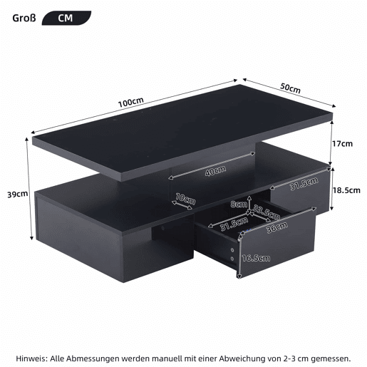 Mesa de centro LED com 2 níveis - Mesa de sala com luz LED de 16 cores, prateleira de exposição e gaveta deslizante - Preto