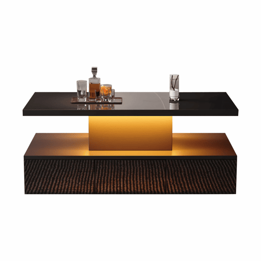 Mesa de centro LED com 2 níveis - Mesa de sala com luz LED de 16 cores, prateleira de exposição e gaveta deslizante - Preto