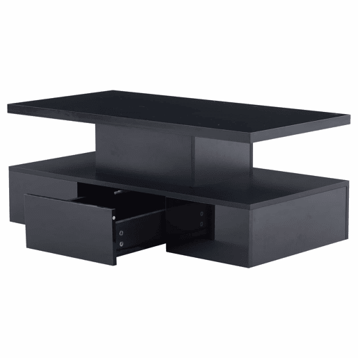 Mesa de centro LED com 2 níveis - Mesa de sala com luz LED de 16 cores, prateleira de exposição e gaveta deslizante - Preto