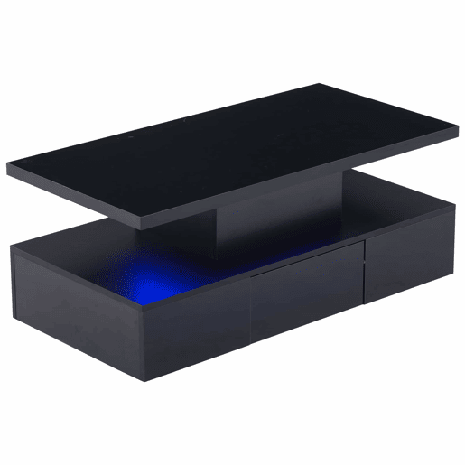 Mesa de centro LED com 2 níveis - Mesa de sala com luz LED de 16 cores, prateleira de exposição e gaveta deslizante - Preto