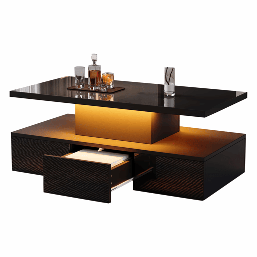 Mesa de centro LED com 2 níveis - Mesa de sala com luz LED de 16 cores, prateleira de exposição e gaveta deslizante - Preto