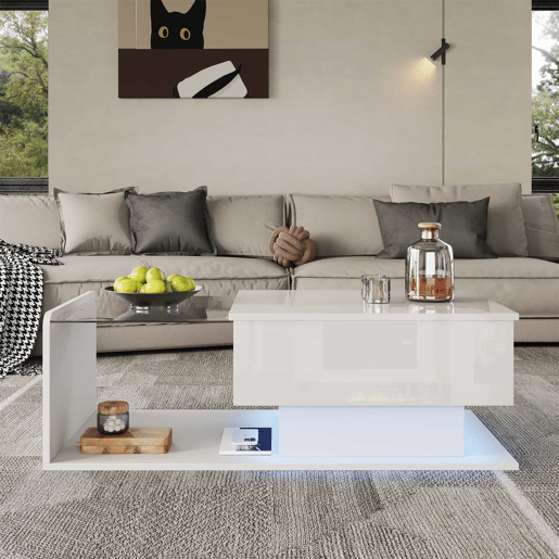 Mesa de café - Tamanho: 100x50 cm - Efeito LED, com vidro - Branco