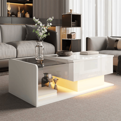 Mesa de café - Tamanho: 100x50 cm - Efeito LED, com vidro - Branco