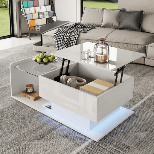 Mesa de café - Tamanho: 100x50 cm - Efeito LED, com vidro - Branco