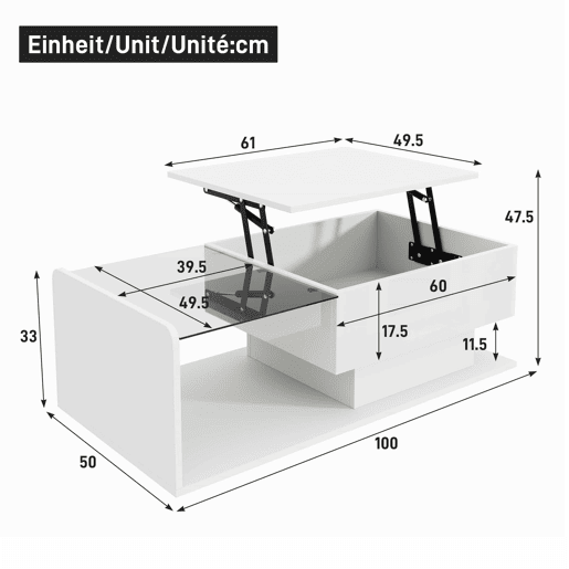 Mesa de café - Tamanho: 100x50 cm - Efeito LED, com vidro - Branco