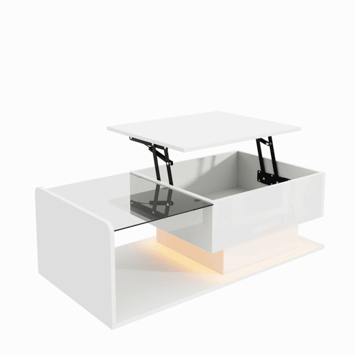 Mesa de café - Tamanho: 100x50 cm - Efeito LED, com vidro - Branco