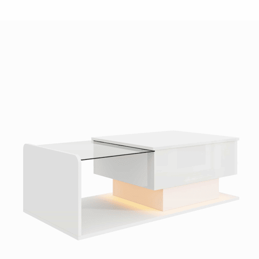Mesa de café - Tamanho: 100x50 cm - Efeito LED, com vidro - Branco