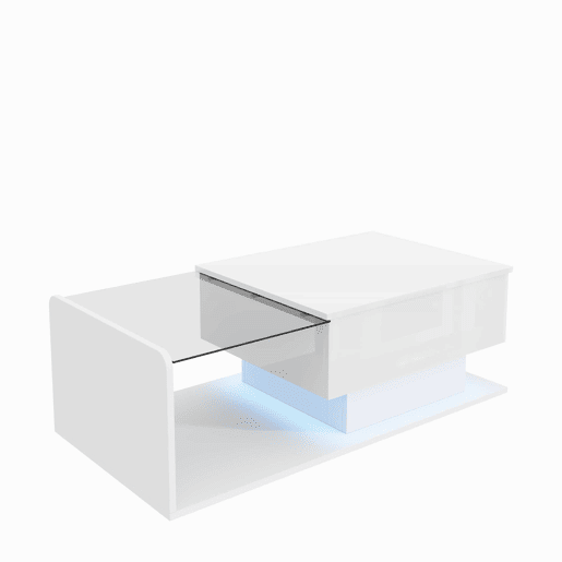 Mesa de café - Tamanho: 100x50 cm - Efeito LED, com vidro - Branco
