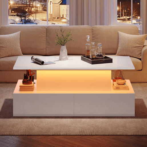 Mesa de centro moderna 90x55x41 cm - Com iluminação LED e 4 gavetas - Branco brilhante