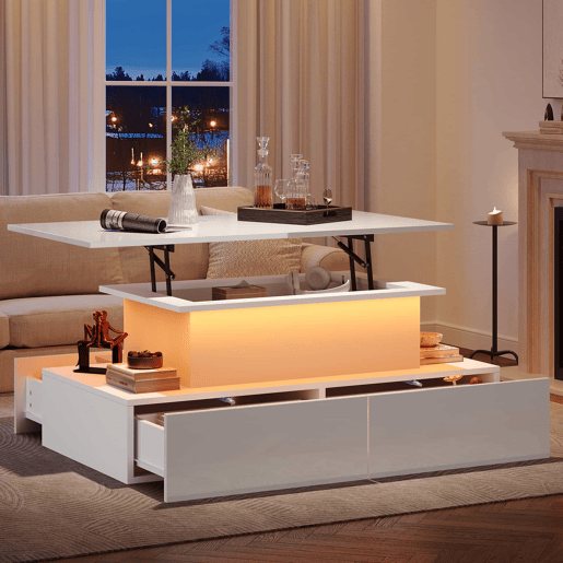 Mesa de centro moderna 90x55x41 cm - Com iluminação LED e 4 gavetas - Branco brilhante