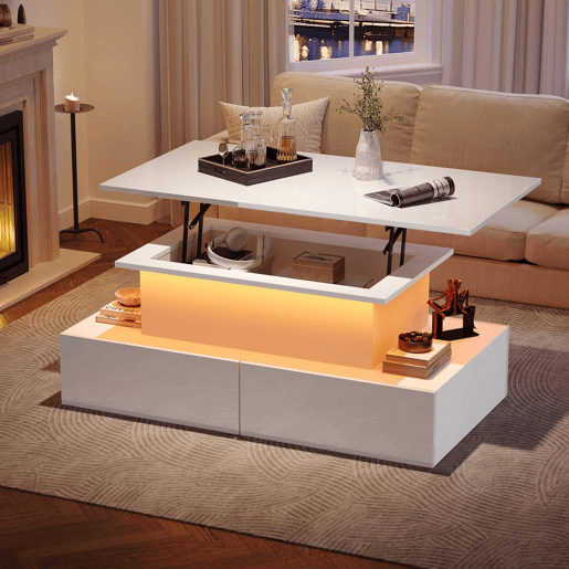 Mesa de centro moderna 90x55x41 cm - Com iluminação LED e 4 gavetas - Branco brilhante