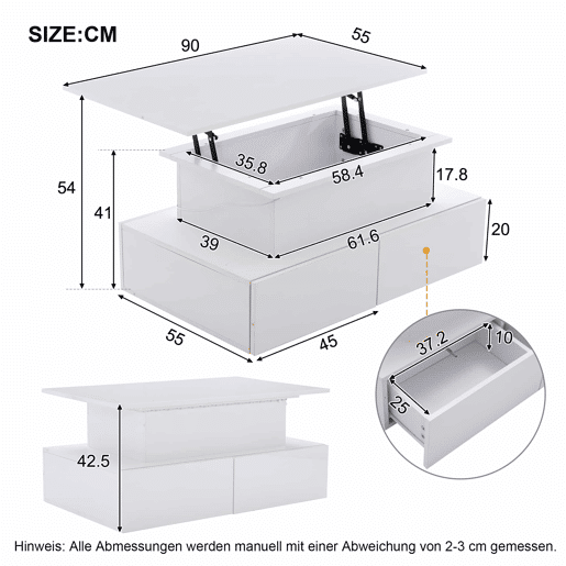 Mesa de centro moderna 90x55x41 cm - Com iluminação LED e 4 gavetas - Branco brilhante