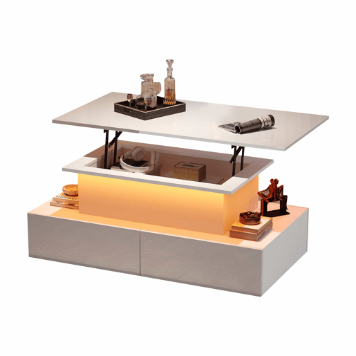 Mesa de centro moderna 90x55x41 cm - Com iluminação LED e 4 gavetas - Branco brilhante