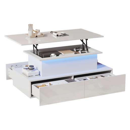 Mesa de centro moderna 90x55x41 cm - Com iluminação LED e 4 gavetas - Branco brilhante