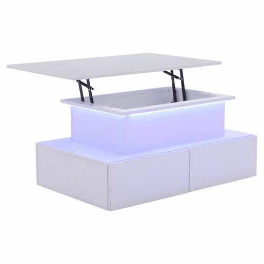Mesa de centro moderna 90x55x41 cm - Com iluminação LED e 4 gavetas - Branco brilhante