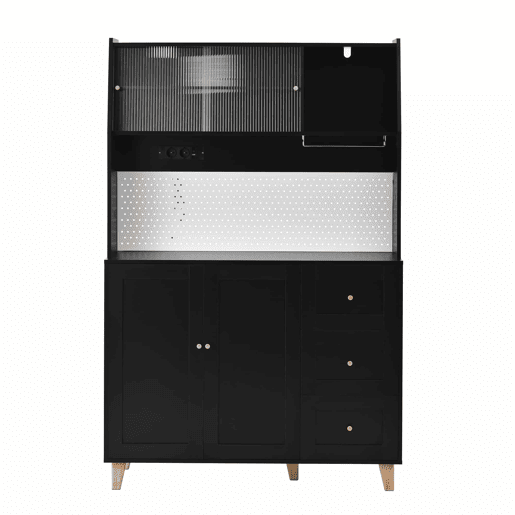 Armário alto com tomadas e painel perfurado u2013 com porta-copos e arrumação u2013 preto