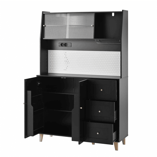 Armário alto com tomadas e painel perfurado u2013 com porta-copos e arrumação u2013 preto
