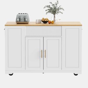 Ilha de cozinha com rodas 120x50x92 cm - Com compartimento para lixo, 2 portas e 3 gavetas - Branco