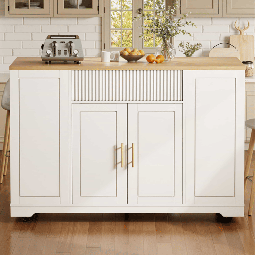 Ilha de cozinha com rodas 120x50x92 cm - Com compartimento para lixo, 2 portas e 3 gavetas - Branco